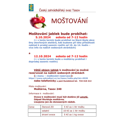 Moštování a doprodej sazenic